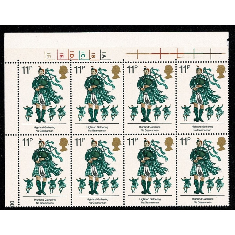 1976 Cultural Traditions 11p. Cyl. 1A 1B 1C 1D 1E 1F  dot block of eight. SG 1012