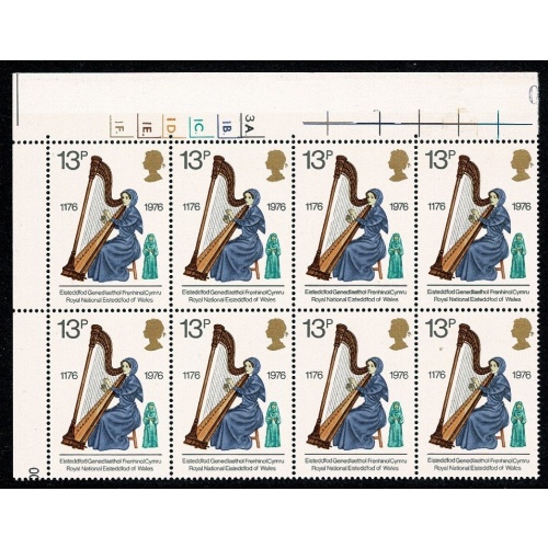 1976 Cultural Traditions 13p. Cyl. 3A 1B 1C 1D 1E 1F  dot block of eight. SG 1013