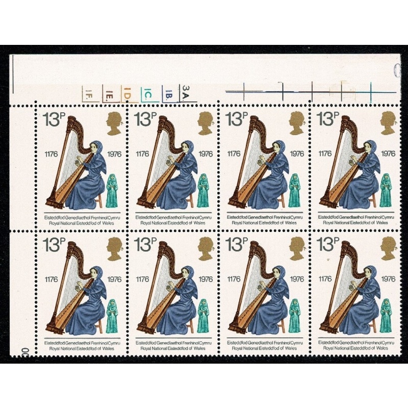 1976 Cultural Traditions 13p. Cyl. 3A 1B 1C 1D 1E 1F  dot block of eight. SG 1013