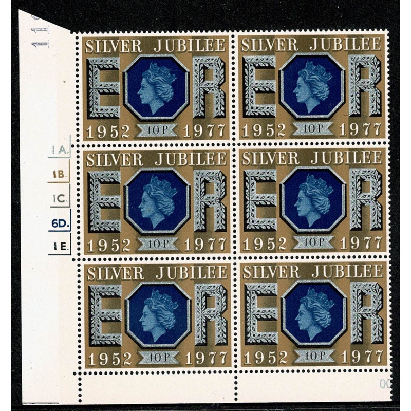 1977 Silver Jubilee 10p. Cyl. 1A 1B 1C 6D 1E dot block of six. SG 1035