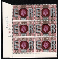 1977 Silver Jubilee 11p. Cyl. 2A 1B 1C 6D 1E dot block of six. SG 1036