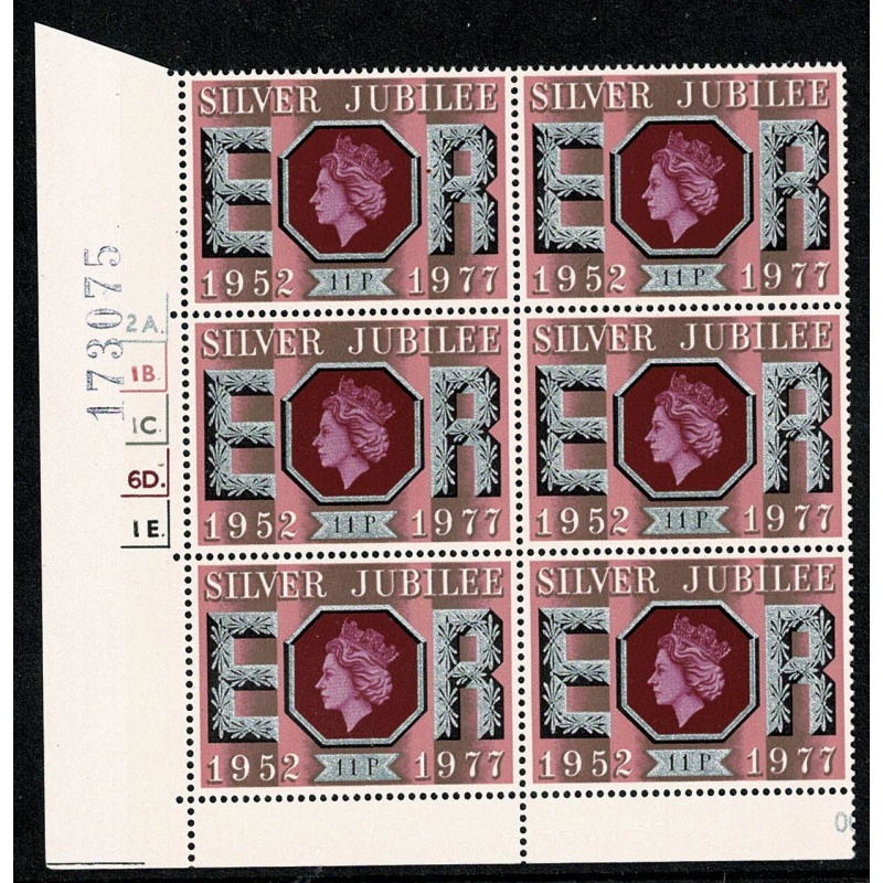 1977 Silver Jubilee 11p. Cyl. 2A 1B 1C 6D 1E dot block of six. SG 1036