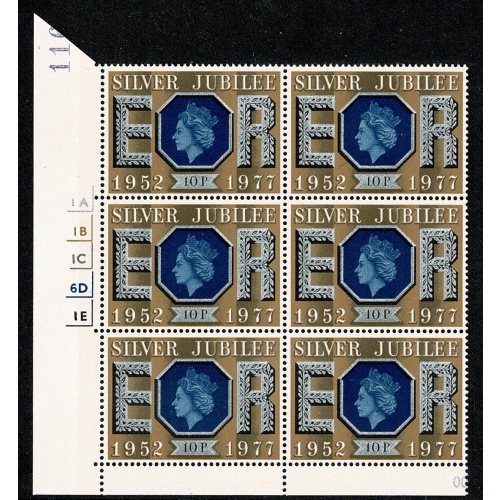 1977 Silver Jubilee 10p. Cyl. 1A 1B 1C 6D 1E no dot block of six. SG 1035