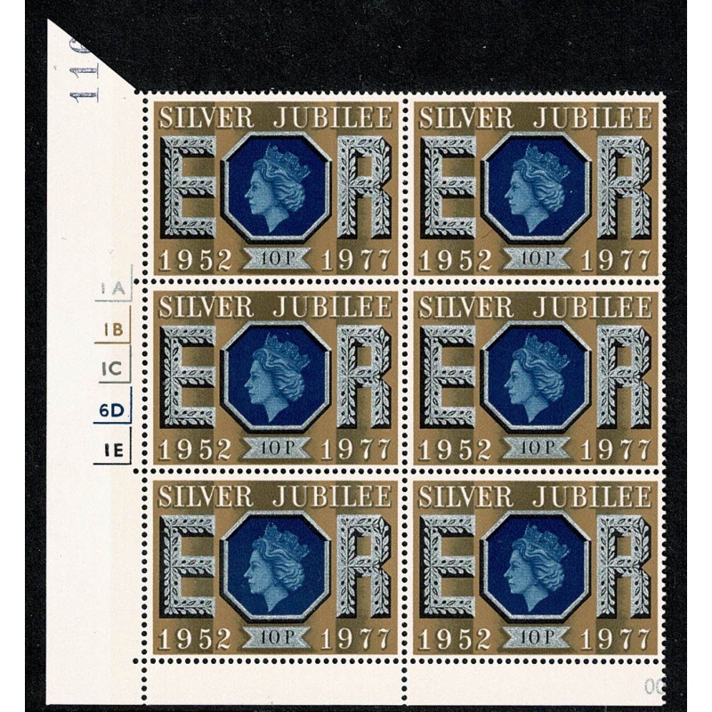 1977 Silver Jubilee 10p. Cyl. 1A 1B 1C 6D 1E no dot block of six. SG 1035