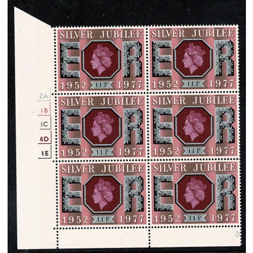 1977 Silver Jubilee 11p. Cyl. 2A 1B 1C 6D 1E no dot block of six. SG 1036