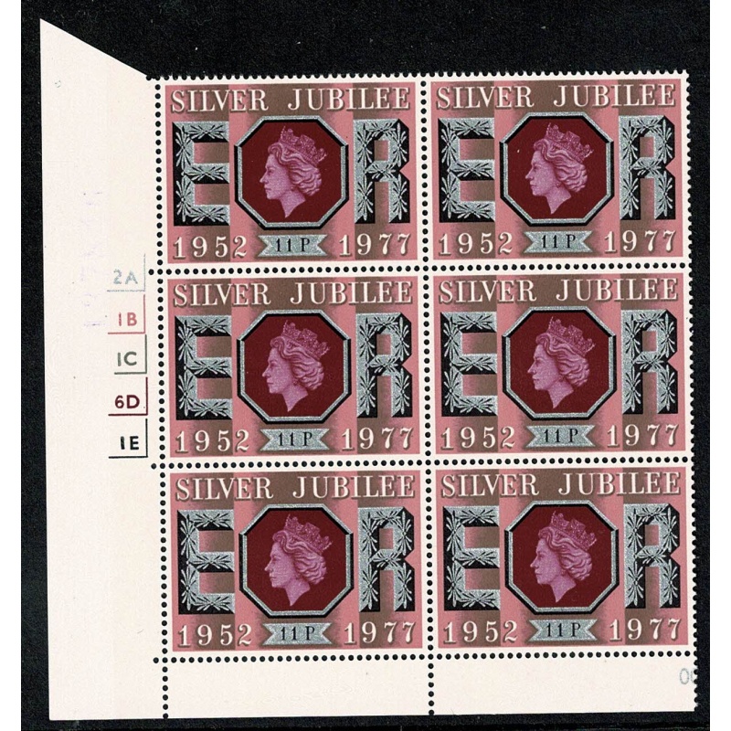 1977 Silver Jubilee 11p. Cyl. 2A 1B 1C 6D 1E no dot block of six. SG 1036