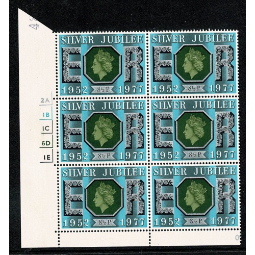 1977 Silver Jubilee 8½p. Cyl. 2A 1B 1C 6D 1E no dot block of six. SG 1033