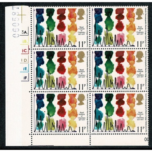 1977 Chemistry 11p Cyl. 3A 1B 1C 1D 1E 1F dot block of six. SG 1031