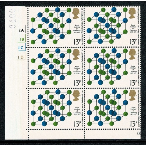 1977 Chemistry 13p Cyl. 2A 1B 1C 1D no dot block of six. SG 1032