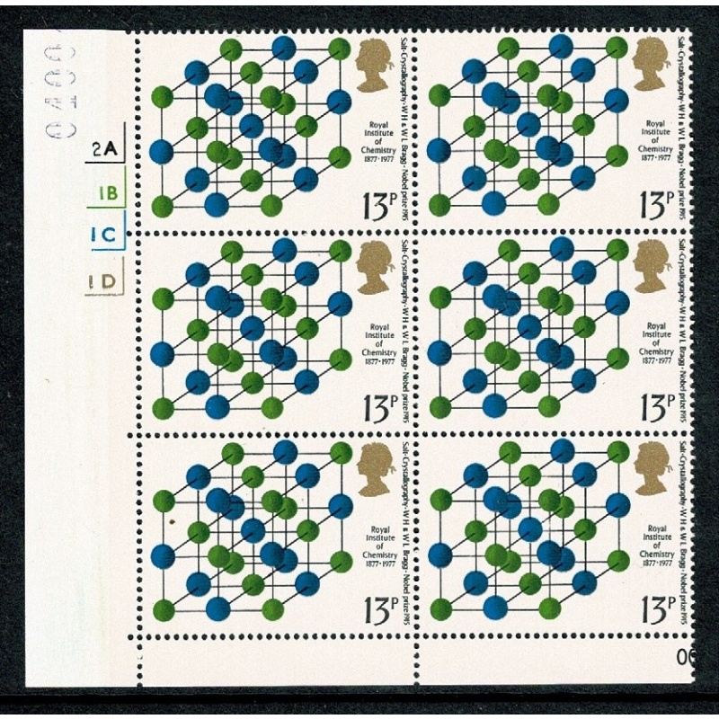 1977 Chemistry 13p Cyl. 2A 1B 1C 1D no dot block of six. SG 1032