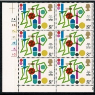 1977 Chemistry 8½p Cyl. 2A 1B 1C 1D 2E 1F 1G dot block of six. SG 1029