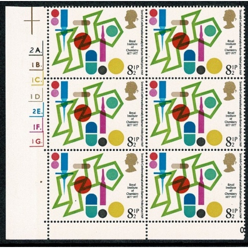 1977 Chemistry 8½p Cyl. 2A 1B 1C 1D 2E 1F 1G dot block of six. SG 1029