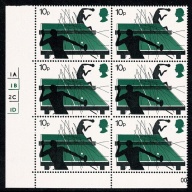 1977 Racket Sports. 10p Cyl. 1A 1B 2C 1D no dot block of six. SG 1023