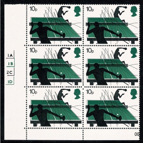 1977 Racket Sports. 10p Cyl. 1A 1B 2C 1D no dot block of six. SG 1023