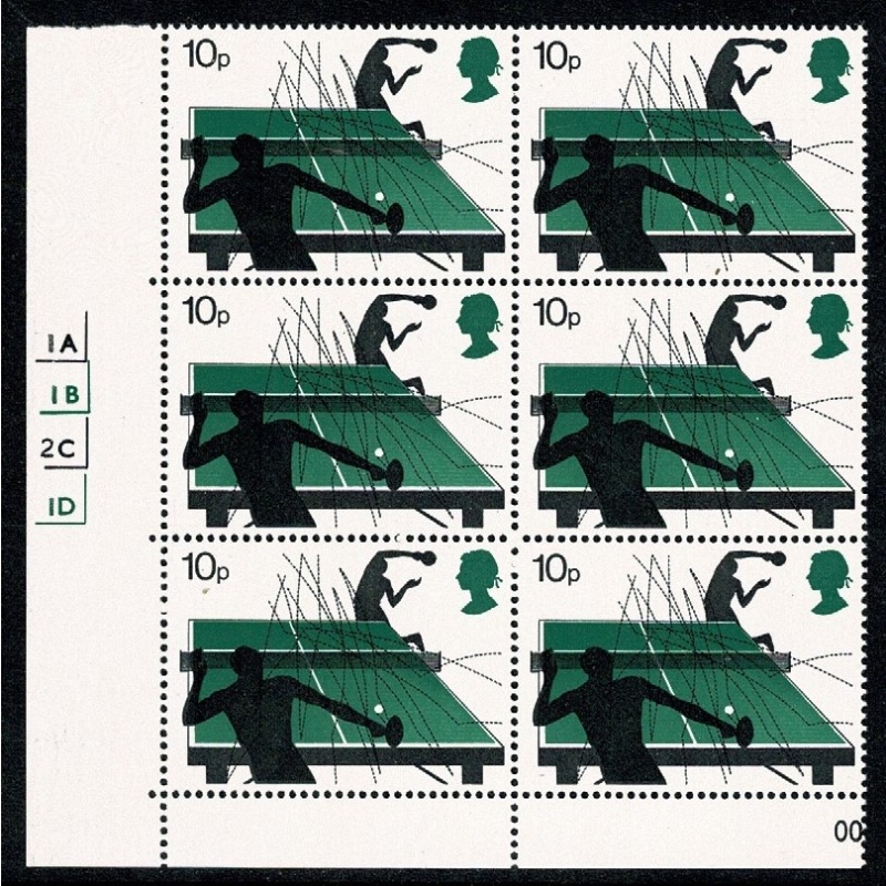 1977 Racket Sports. 10p Cyl. 1A 1B 2C 1D no dot block of six. SG 1023