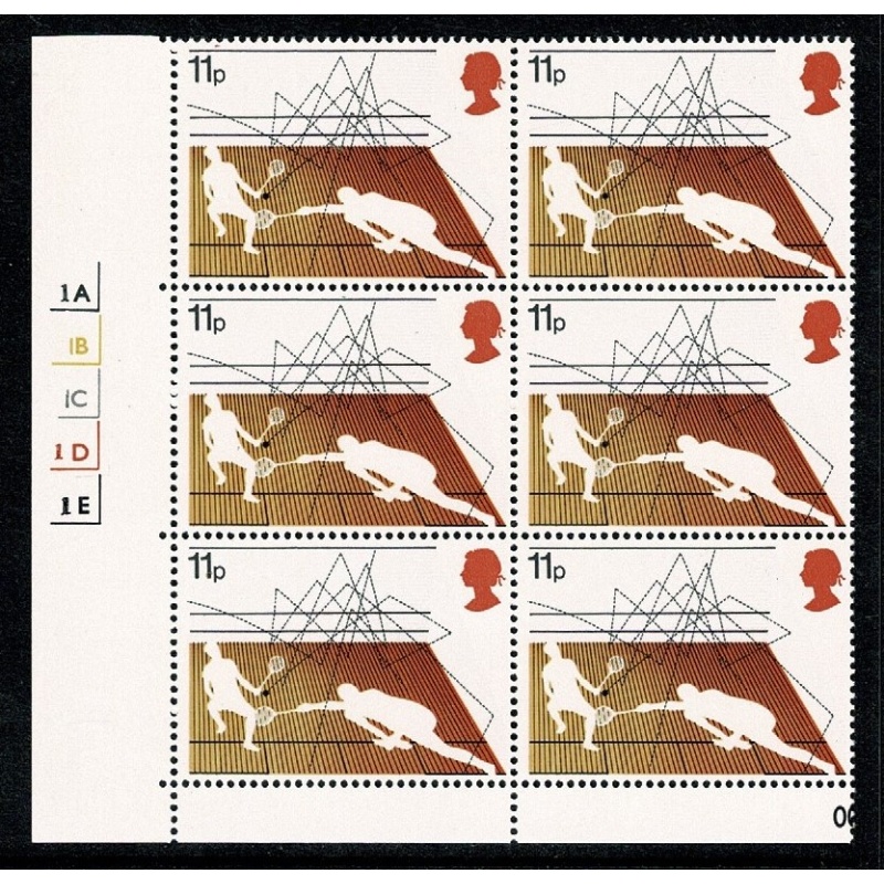 1977 Racket Sports. 11p Cyl. 1A 1B 1C 1D 1E no dot block of six. SG 1024