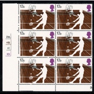 1977 Racket Sports. 11p Cyl. 2A 4B 1C 1D dot block of six. Contains listed variety. SG 1025