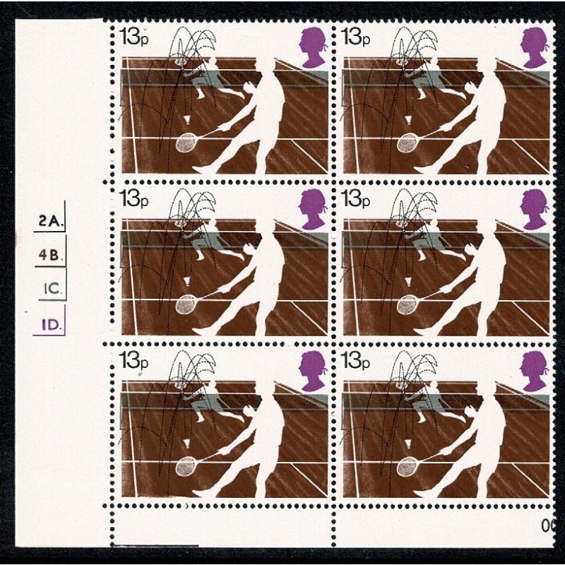 1977 Racket Sports. 11p Cyl. 2A 4B 1C 1D dot block of six. Contains listed variety. SG 1025