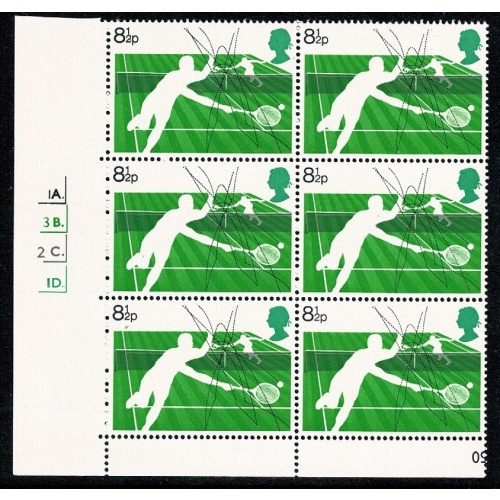 1977 Racket Sports. 8½p Cyl. 1A 3B 2C 1D dot block of six. SG 1022