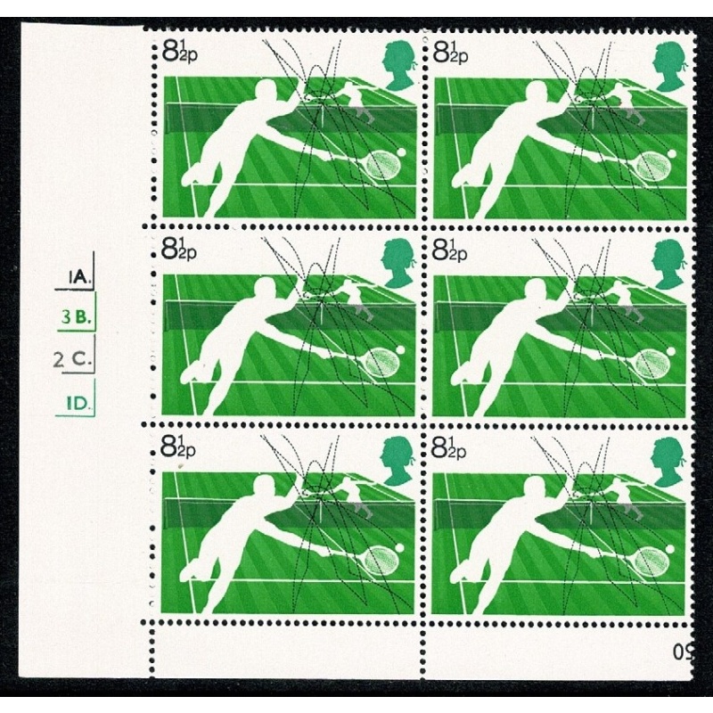 1977 Racket Sports. 8½p Cyl. 1A 3B 2C 1D dot block of six. SG 1022