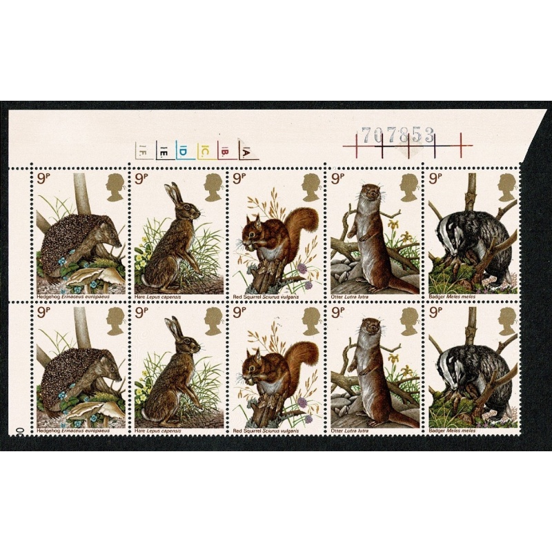1977 Wildlife 9p Cyl. 1A 1B 1C 1D 1E 1F  dot block of ten.  SG 1039-1043