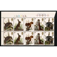1977 Wildlife 9p Cyl. 1A 1B 1C 1D 1E 1F  dot block of ten.  SG 1039-1043