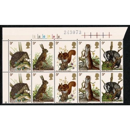 1977 Wildlife 9p Cyl. 1A 1B 1C 1D 1E 1F  dot block of ten.  SG 1039-1043