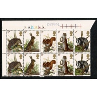1977 Wildlife 9p Cyl. 1A 1B 1C 1D 1E 1F  dot block of ten.  SG 1039-1043