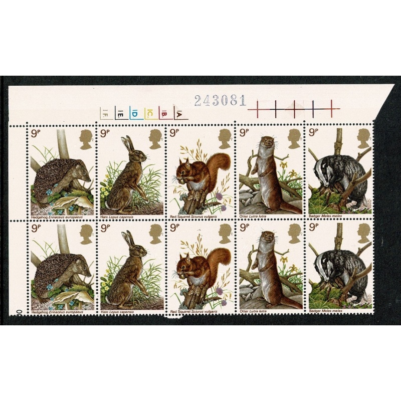 1977 Wildlife 9p Cyl. 1A 1B 1C 1D 1E 1F  dot block of ten.  SG 1039-1043