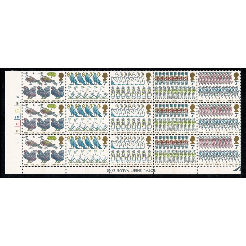 1977 Christmas 7p. Cylinder 1A 1B 1C 1D 1E 1F no dot block of 15