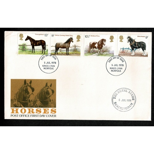 1978 Horses. Set on FDC with FDI CDS "Kings Lynn Norfolk" with "The Royal Studs Sandringham" Cachet.