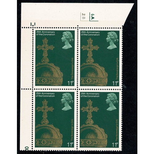 1978 Coronation 11p. Cyl. 6A 2B  no dot block of four.