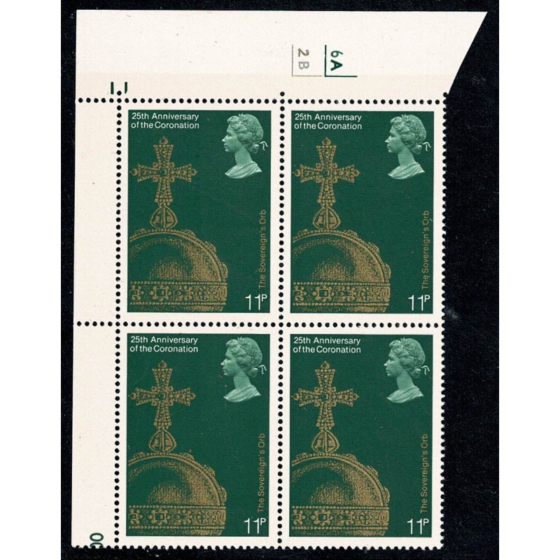 1978 Coronation 11p. Cyl. 6A 2B  no dot block of four.