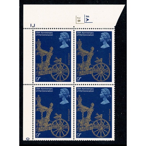 1978 Coronation 9p. Cyl. 5A 2B  dot block of four with listed constant variety. SG 1059 var