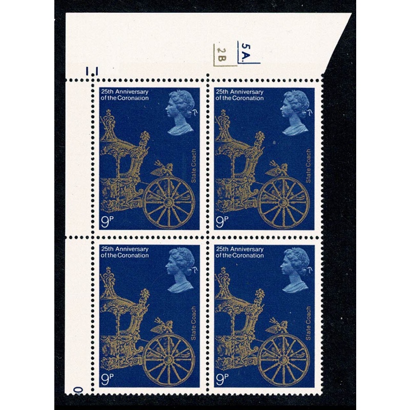 1978 Coronation 9p. Cyl. 5A 2B  dot block of four with listed constant variety. SG 1059 var