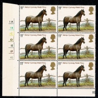 1978 Horses 11p. Cyl. 1A1B1C1D1E1F1G no dot block of six with listed constant variety. SG 1065 var