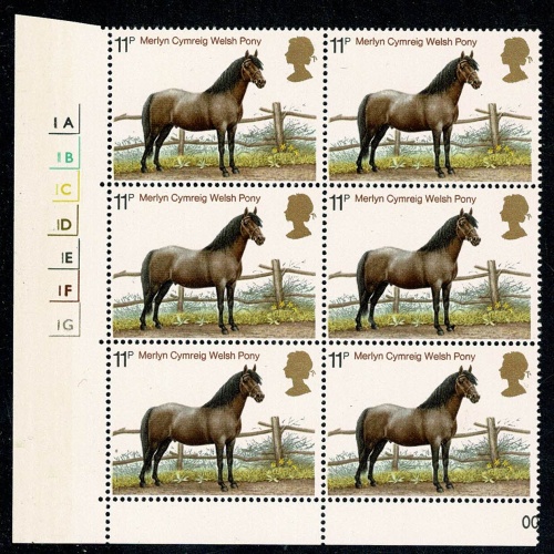 1978 Horses 11p. Cyl. 1A1B1C1D1E1F1G no dot block of six with listed constant variety. SG 1065 var