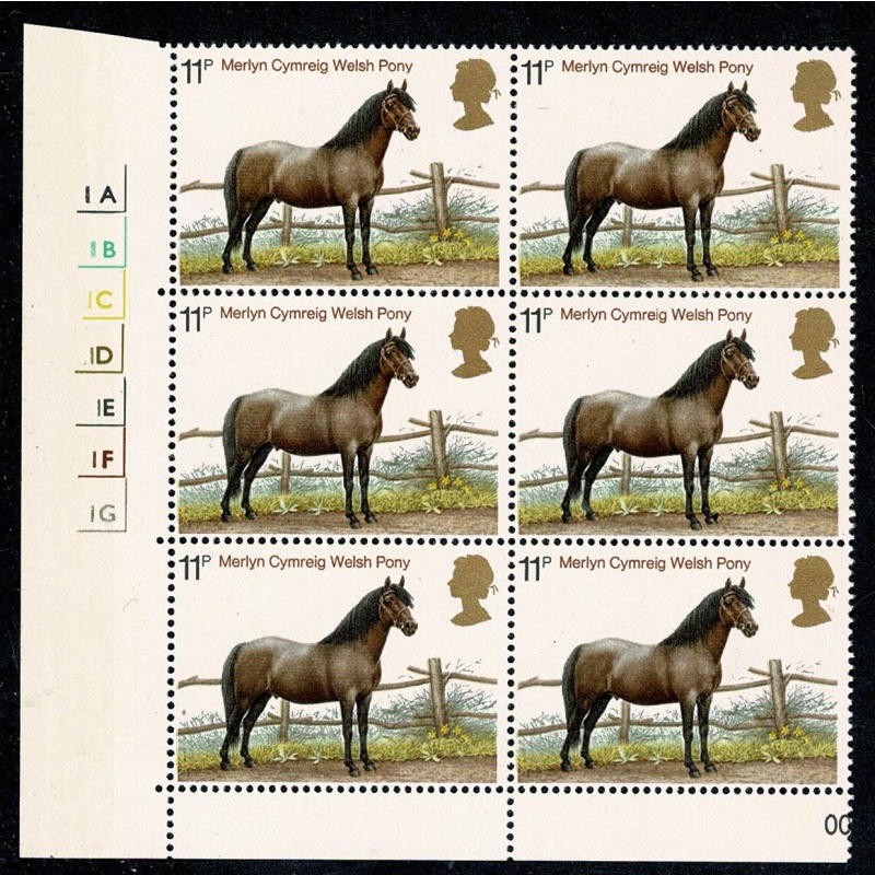 1978 Horses 11p. Cyl. 1A1B1C1D1E1F1G no dot block of six with listed constant variety. SG 1065 var