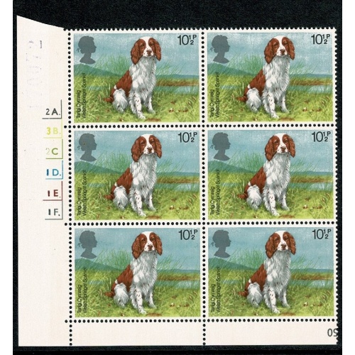 1979 Dogs 10½p. Cyl. 2A 3B 2C 1D 1E 1F p61 dot block of six. SG 1076