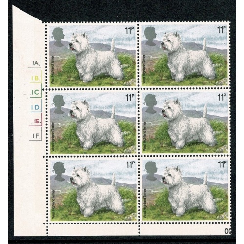 1979 Dogs 11p. Cyl. 1A 1B 1C 1D 1E 1F (no phos cyl. no.) dot block of six. SG 1077