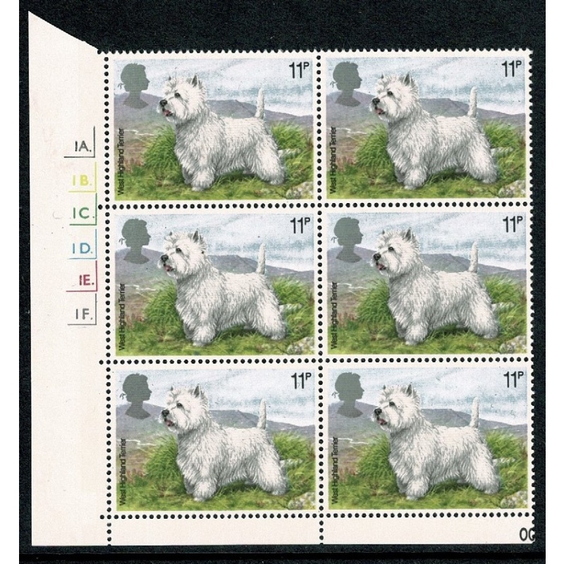 1979 Dogs 11p. Cyl. 1A 1B 1C 1D 1E 1F (no phos cyl. no.) dot block of six. SG 1077
