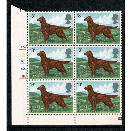1979 Dogs 13p. Cyl. 3A 1B 1C 1D 1E  p61 dot block of six. SG 1078