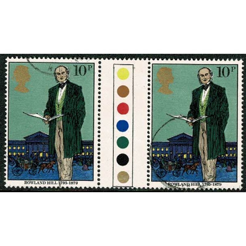 1979 Rowland Hill. 10p . Traffic light gutter pair fine used. SG 1095