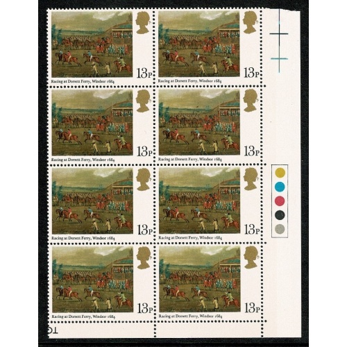 1979 Horse Racing 13p. Listed variety "short serif at foot of 1" SG Spec. W418b