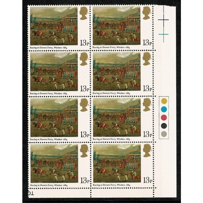 1979 Horse Racing 13p. Listed variety "short serif at foot of 1" SG Spec. W418b