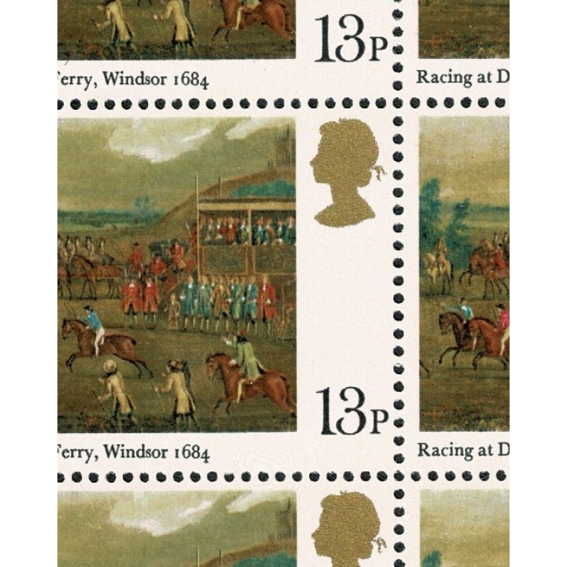 1979 Horse Racing 13p. Listed variety "short serif at foot of 1" SG Spec. W418b