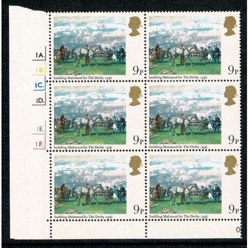 1979 Horse Racing 9p. Cyl. 1A 1B 1C 1D 1E 1F p61 dot block of six. SG 1087