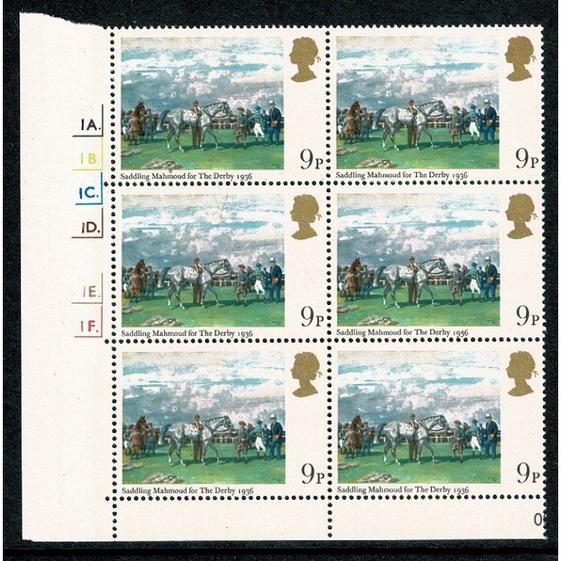 1979 Horse Racing 9p. Cyl. 1A 1B 1C 1D 1E 1F p61 dot block of six. SG 1087