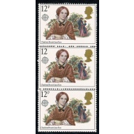 1980 Famous Authors. 12p value Missing "p" in strip of three. SG 1125Ea
