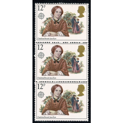1980 Famous Authors. 12p value Missing "p" in strip of three. SG 1125Ea